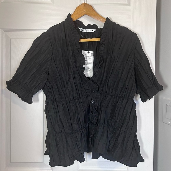 Zara NWT Pleated Black Ruffled Button-Up Blouse- size S - Picture 8 of 8
